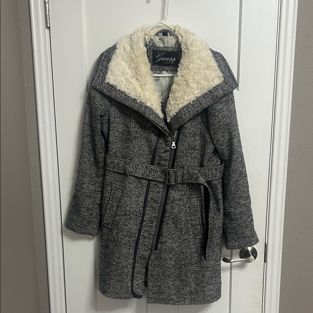 Guess Women's Charcoal Jacket with Cream Fleece Collar